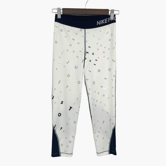 Nike‎ Pro Dri-Fit White Crop Leggings Just Do It Letter Print - Picture 1 of 7